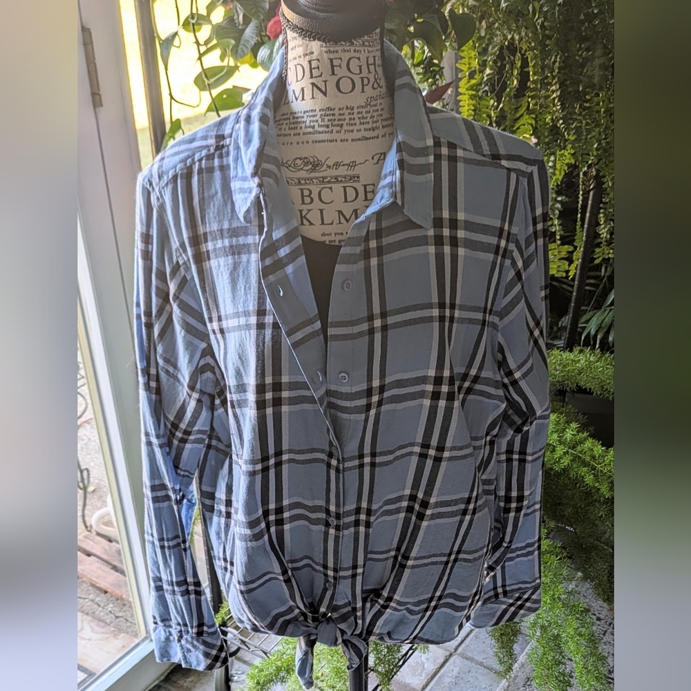 Kensie Jeans Light Blue Plaid Button & Tie-Front Shirt SZ XL